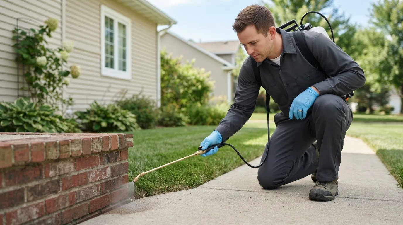 Pest control technician treating a home near Trophy Club, TX